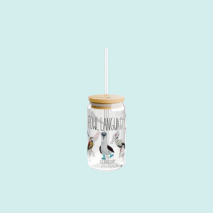 Funny Bird Lover Glass Tumbler - "Fowl Language" 16oz Reusable Cup with Bamboo Lid and Straw