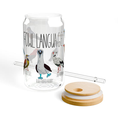 Funny Bird Lover Glass Tumbler - "Fowl Language" 16oz Reusable Cup with Bamboo Lid and Straw