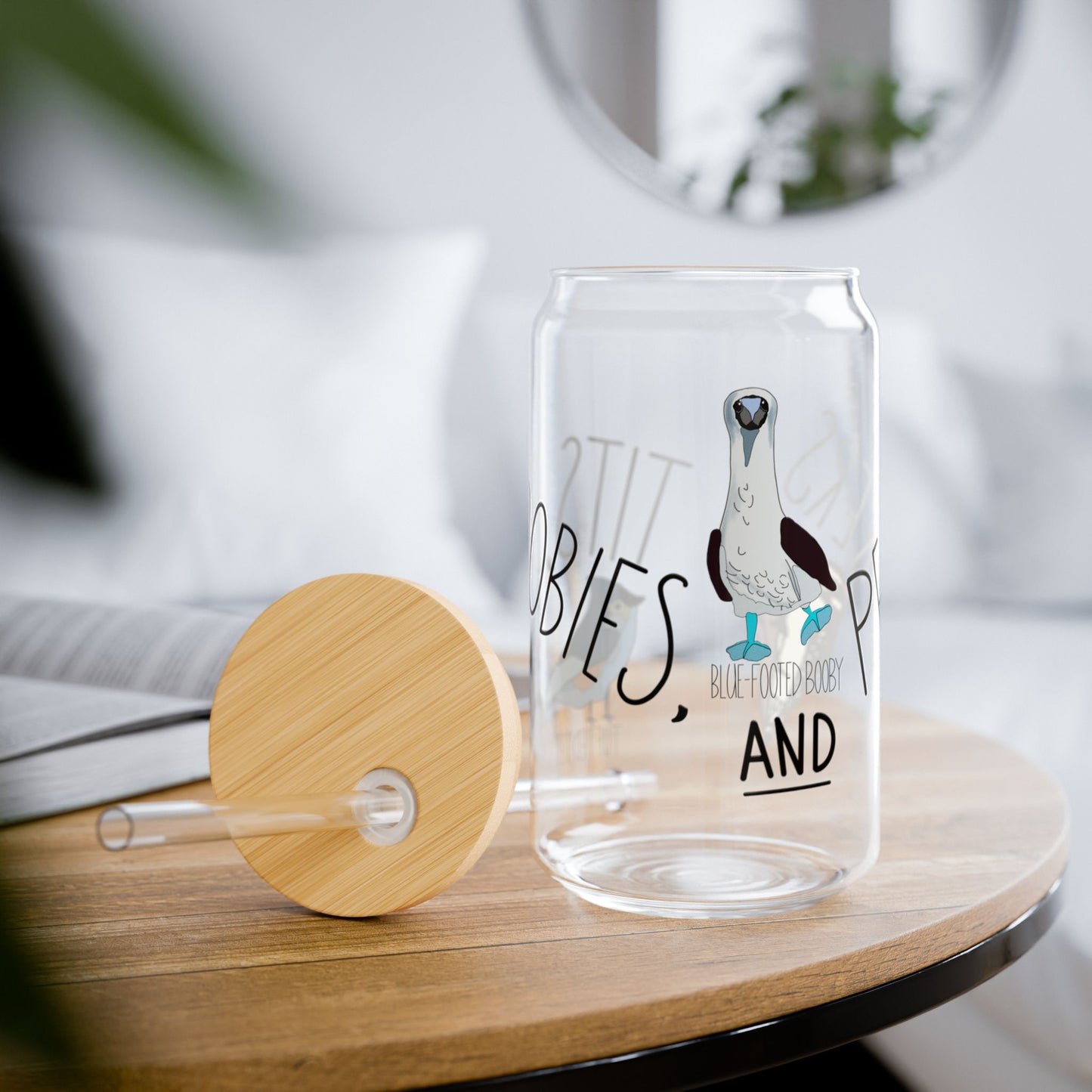 Tits, Boobies, and Peckers Glass Sipper, Bird Pun Design