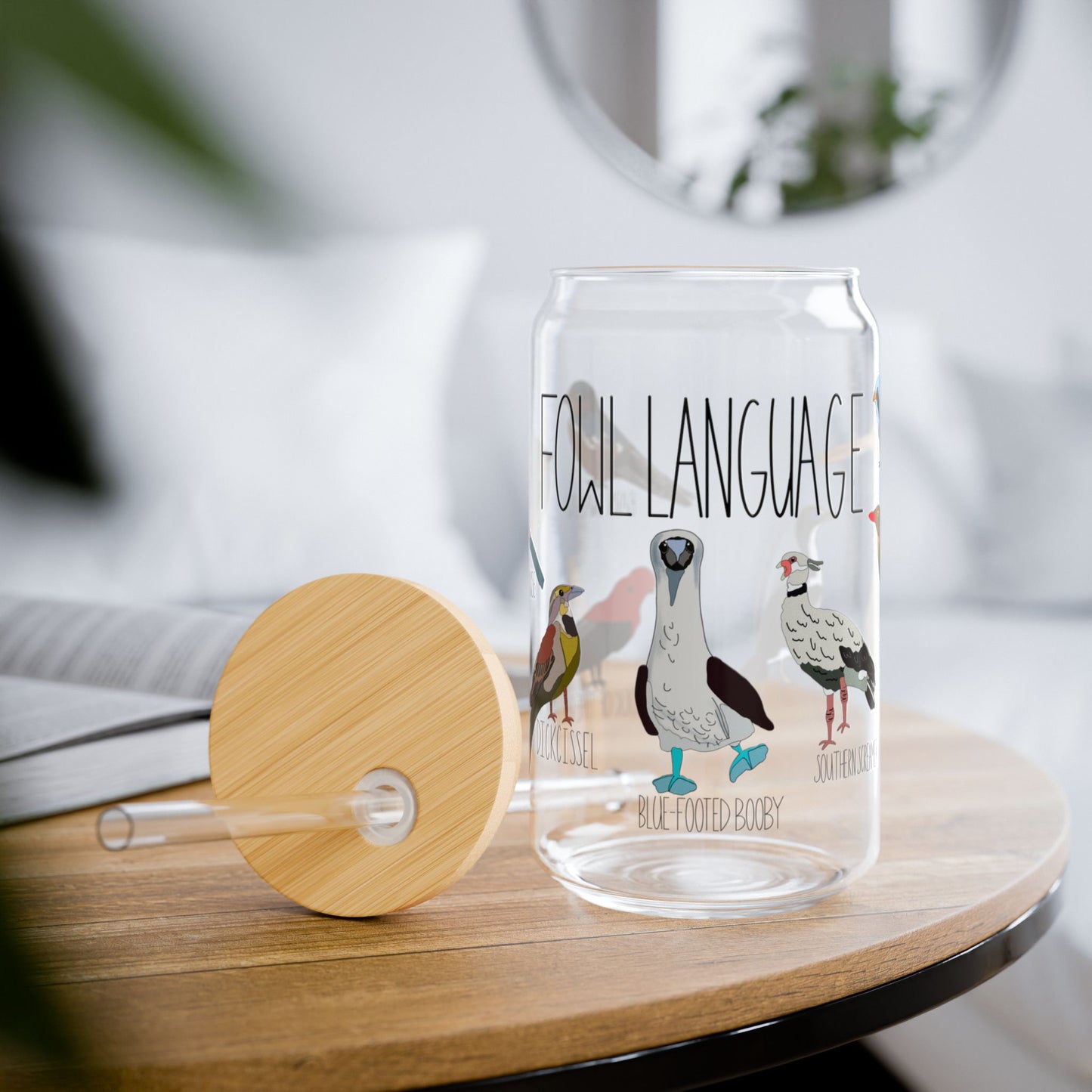 Funny Bird Lover Glass Tumbler - "Fowl Language" 16oz Reusable Cup with Bamboo Lid and Straw