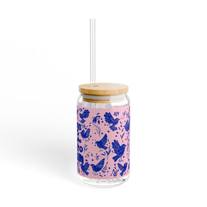 Reusable glass sipper with eco-friendly bamboo lid and straw, designed with a whimsical bird-themed and motivational quote pattern. Perfect for gifting or everyday use.