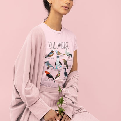 Model wearing the 'Fowl Language' t-shirt in a casual setting, styled with jeans for a fun and relaxed look. Ideal for bird watchers and pun enthusiasts.