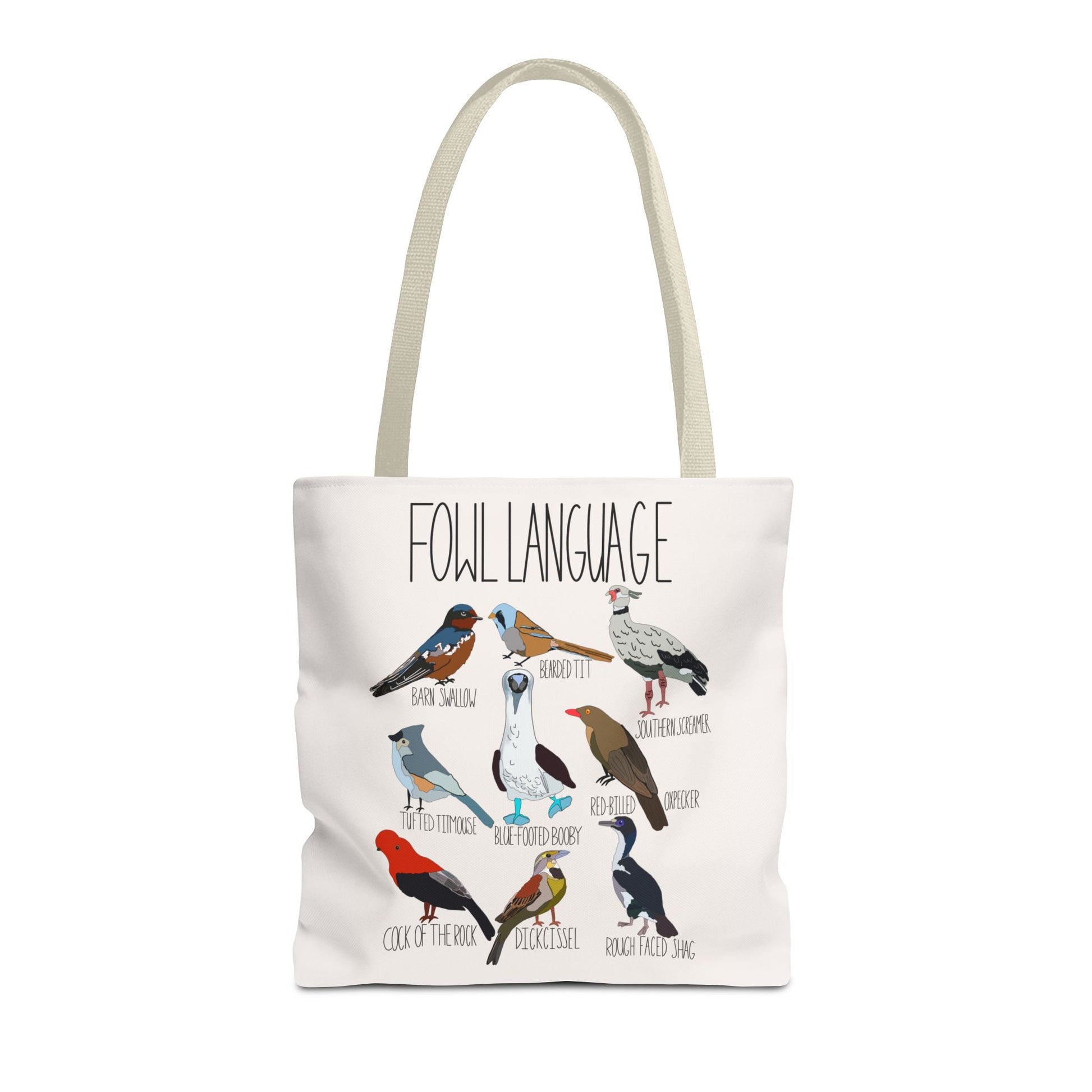 Natural canvas tote bag featuring the playful 'Fowl Language' design with illustrations of birds like the blue-footed booby and dickcissel. Displayed on a light background, perfect for bird lovers and pun enthusiasts