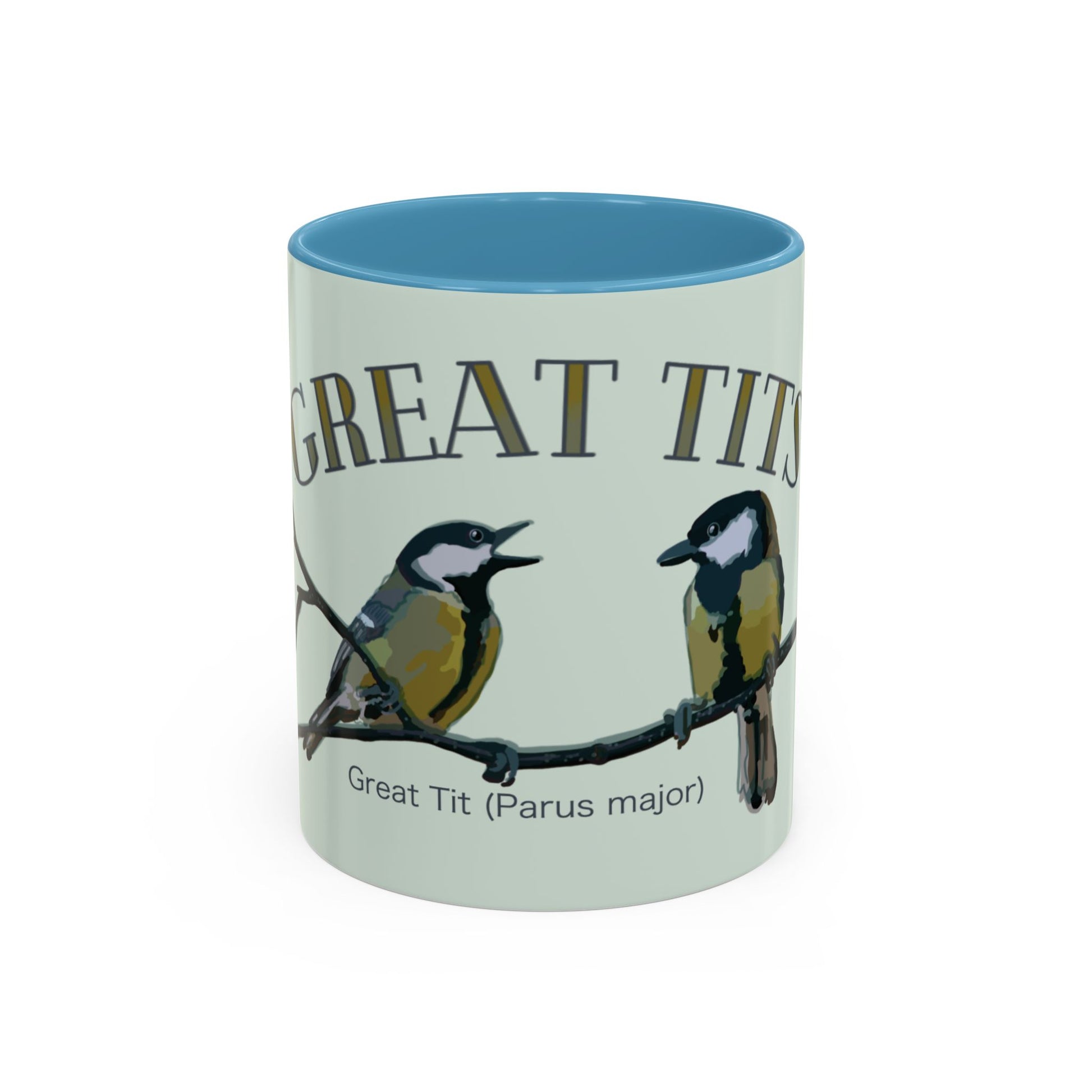 Side view of the 'Great Tits' mug showing the front design with humorous bird illustrations and bold typography, displayed on a white background