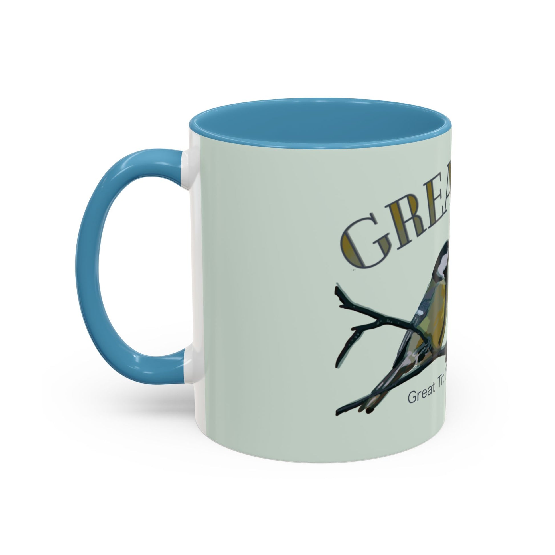 Opposite side view of the 'Great Tits' mug, emphasizing the playful design and vibrant bird illustrations, displayed on a white background.