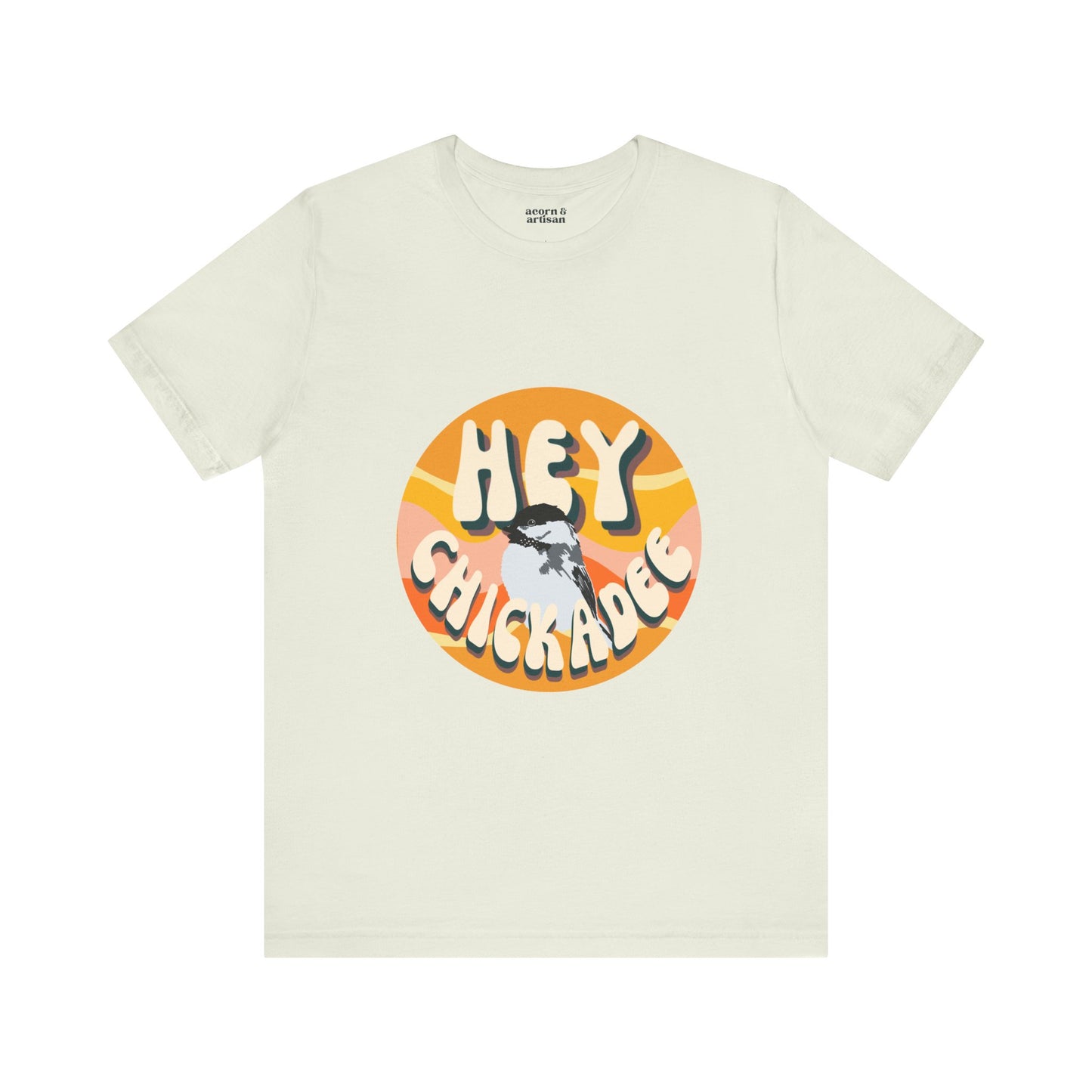 Front view of the 'Hey Chickadee' t-shirt in citron, showcasing the retro design and vibrant chickadee illustration on a clean white background.