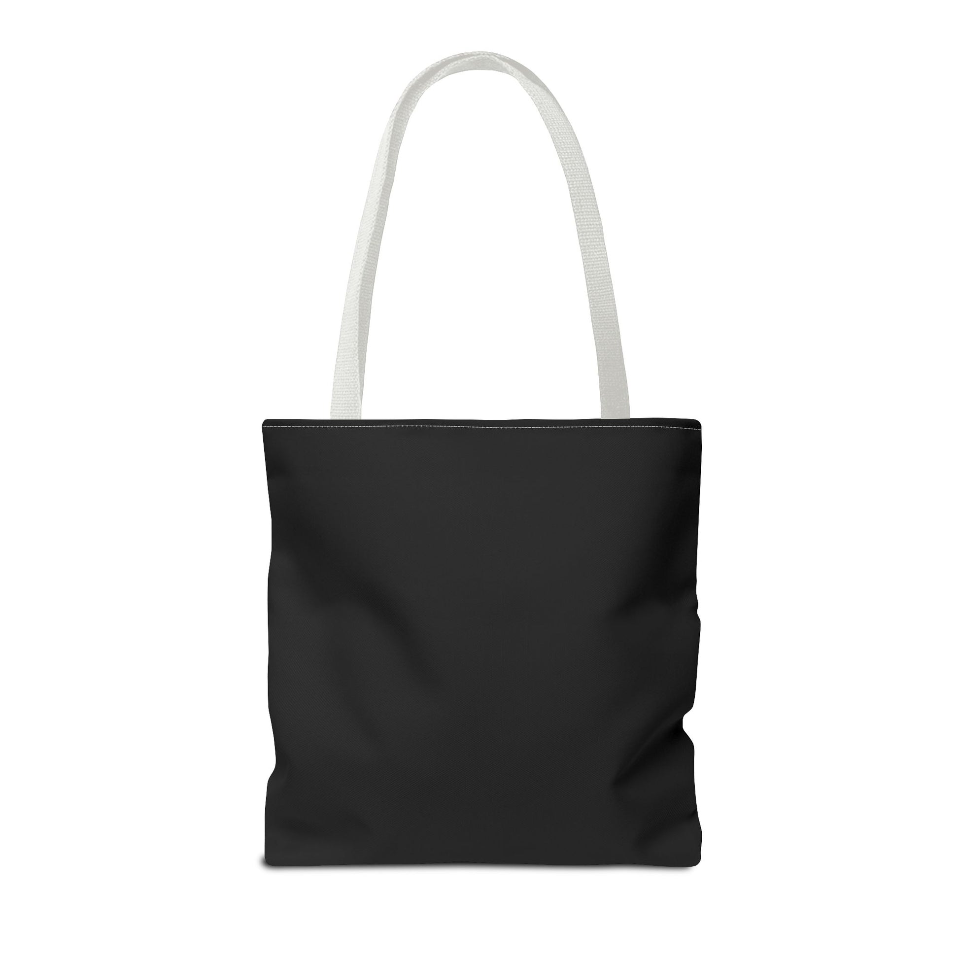 Flat lay of the plain back side of the 'Flock Off' tote bag on a white background, highlighting the sturdy black canvas and clean design with white straps.