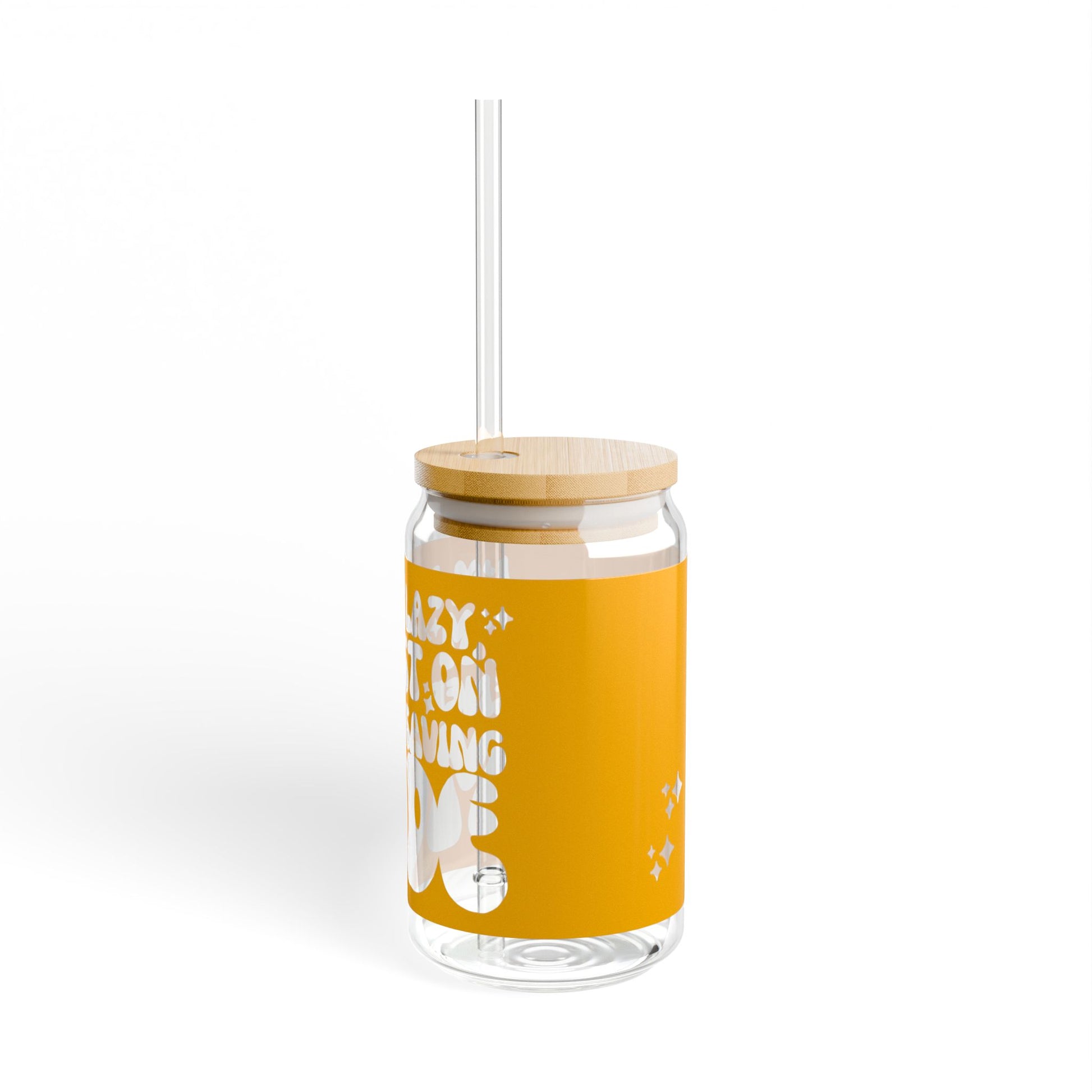 16oz reusable glass sipper with bamboo lid and straw featuring the playful quote 'I'm Not Lazy, I'm on Energy-Saving Mode' in bold, retro-style typography on a bright orange background. Perfect for eco-conscious individuals with a sense of humor.