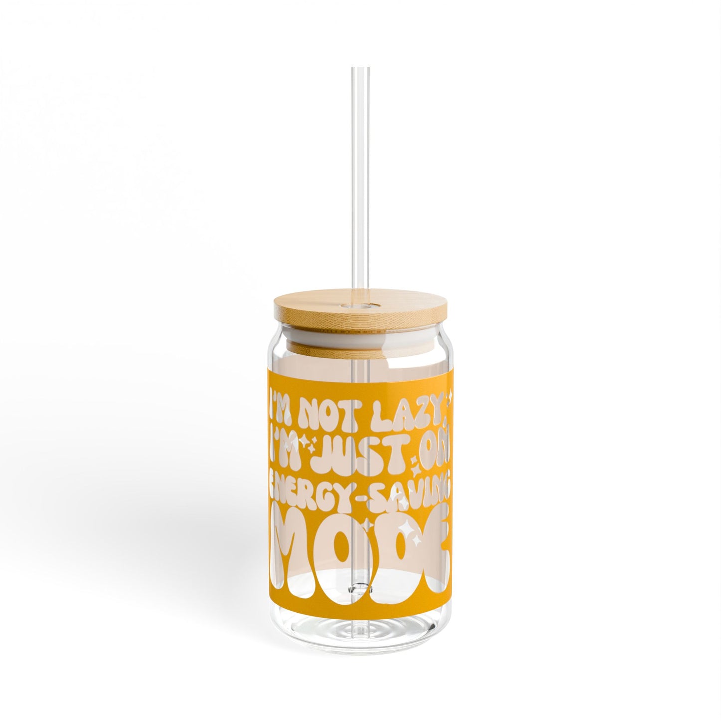 16oz reusable glass sipper with bamboo lid and straw featuring the playful quote 'I'm Not Lazy, I'm on Energy-Saving Mode' in bold, retro-style typography on a bright orange background. Perfect for eco-conscious individuals with a sense of humor.