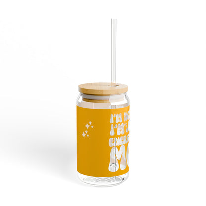 16oz reusable glass sipper with bamboo lid and straw featuring the playful quote 'I'm Not Lazy, I'm on Energy-Saving Mode' in bold, retro-style typography on a bright orange background. Perfect for eco-conscious individuals with a sense of humor.