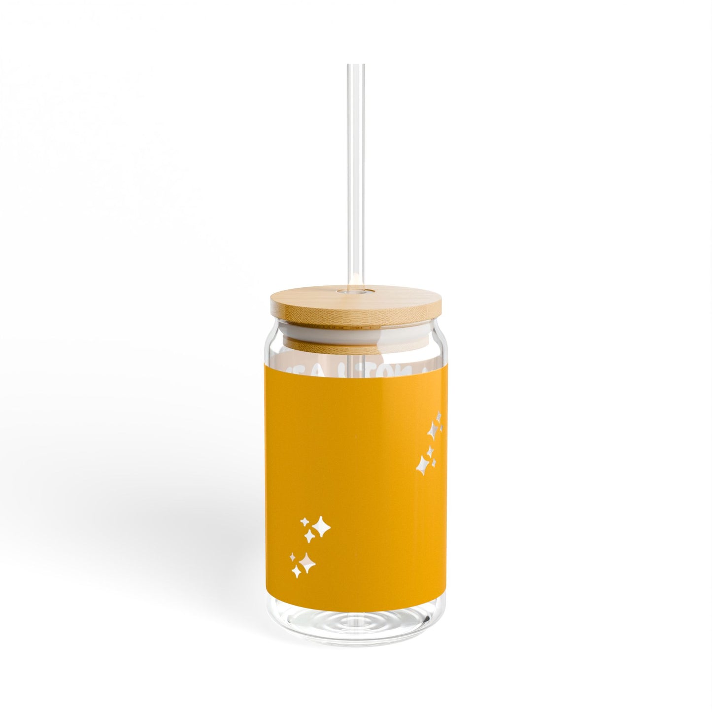 16oz reusable glass sipper with bamboo lid and straw featuring the playful quote 'I'm Not Lazy, I'm on Energy-Saving Mode' in bold, retro-style typography on a bright orange background. Perfect for eco-conscious individuals with a sense of humor.