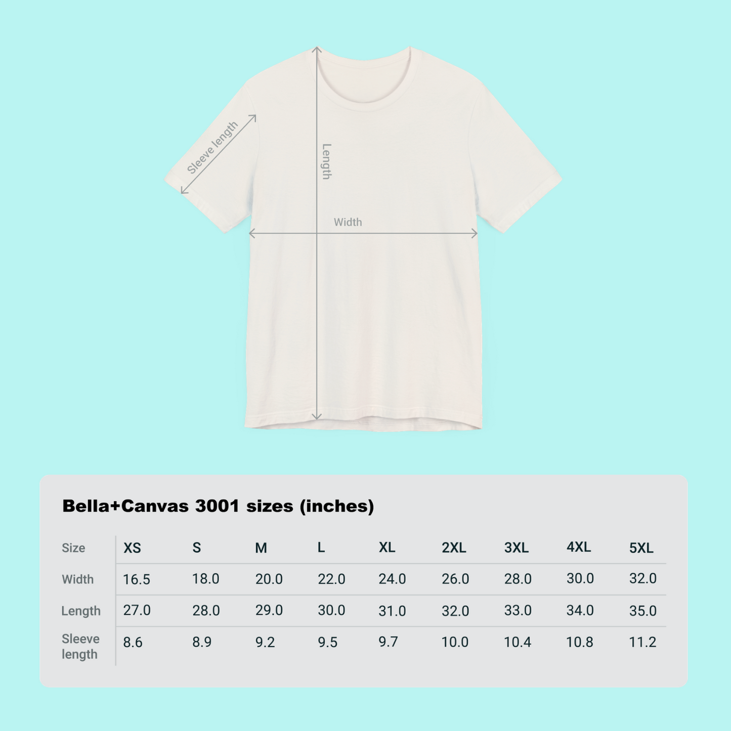 size chart of t shirt showing sizes in inches for XS - 5XL