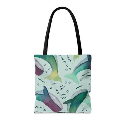 Back view of the 'Watercolor Whales' tote bag, showcasing its seamless design with a colorful whale pattern, displayed on a white background.