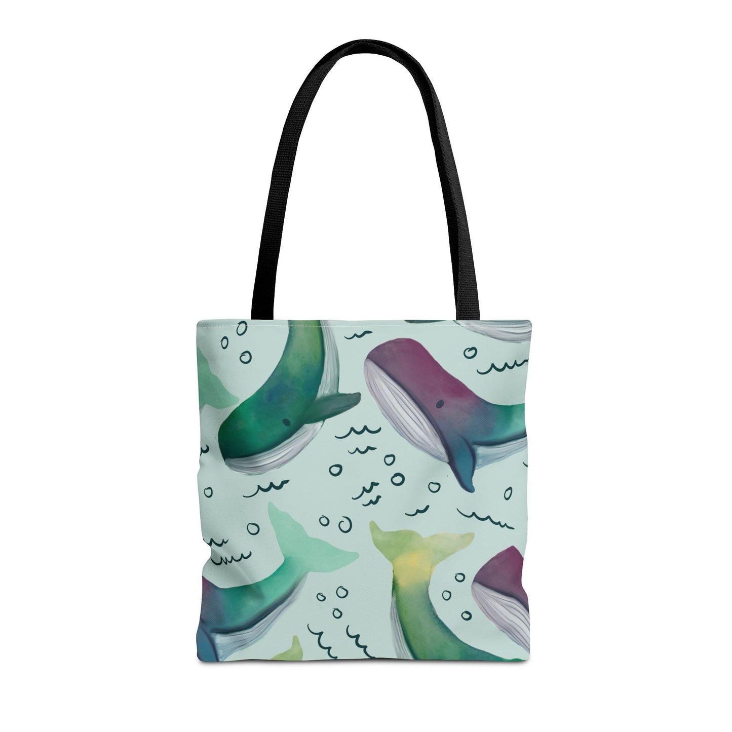 Front view of the 'Watercolor Whales' tote bag featuring a vibrant ocean-inspired pattern, displayed on a clean white background