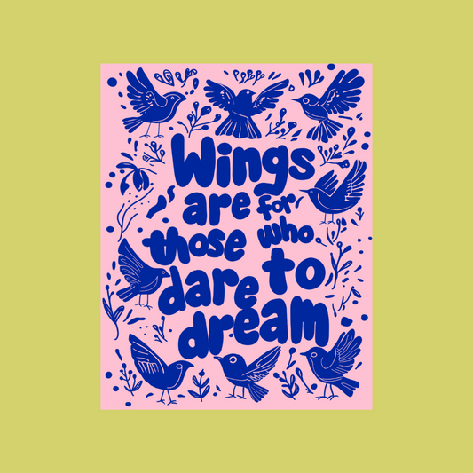 Inspirational poster featuring the phrase 'Wings Are for Those Who Dare to Dream' with vibrant bird illustrations, displayed flat against a lime green background.