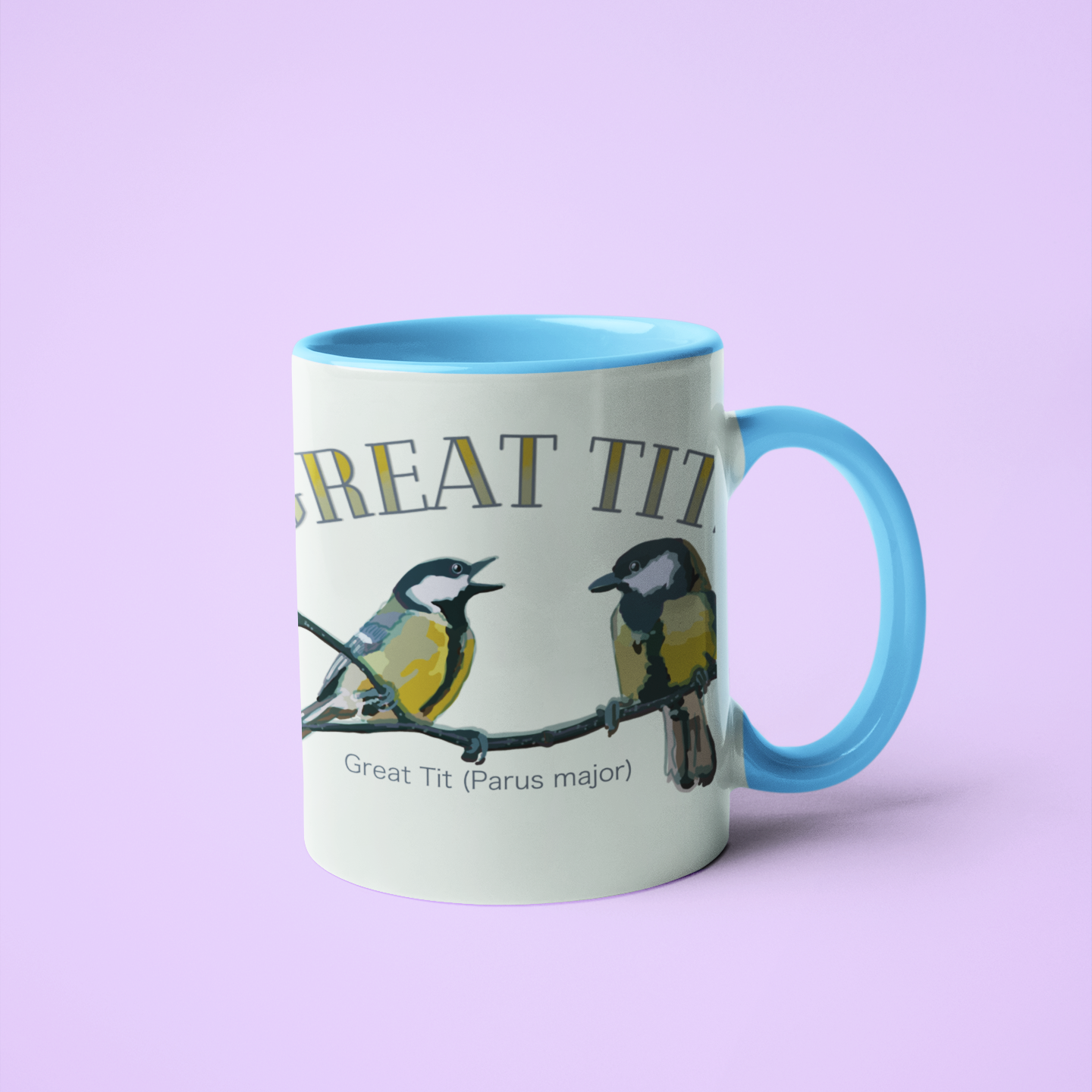 ceramic mug featuring the humorous 'Great Tits' bird design with detailed illustrations, displayed against a soft light purple background. Perfect for bird enthusiasts and quirky gift ideas