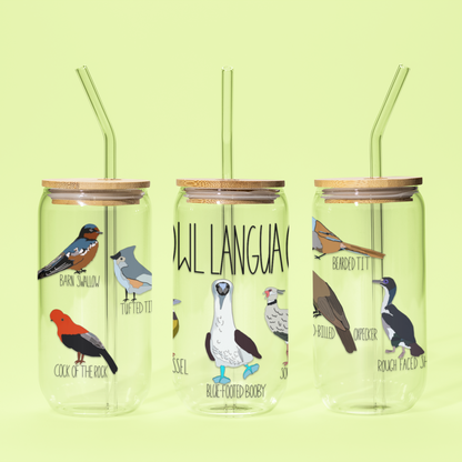 Funny Bird Lover Glass Tumbler - "Fowl Language" 16oz Reusable Cup with Bamboo Lid and Straw