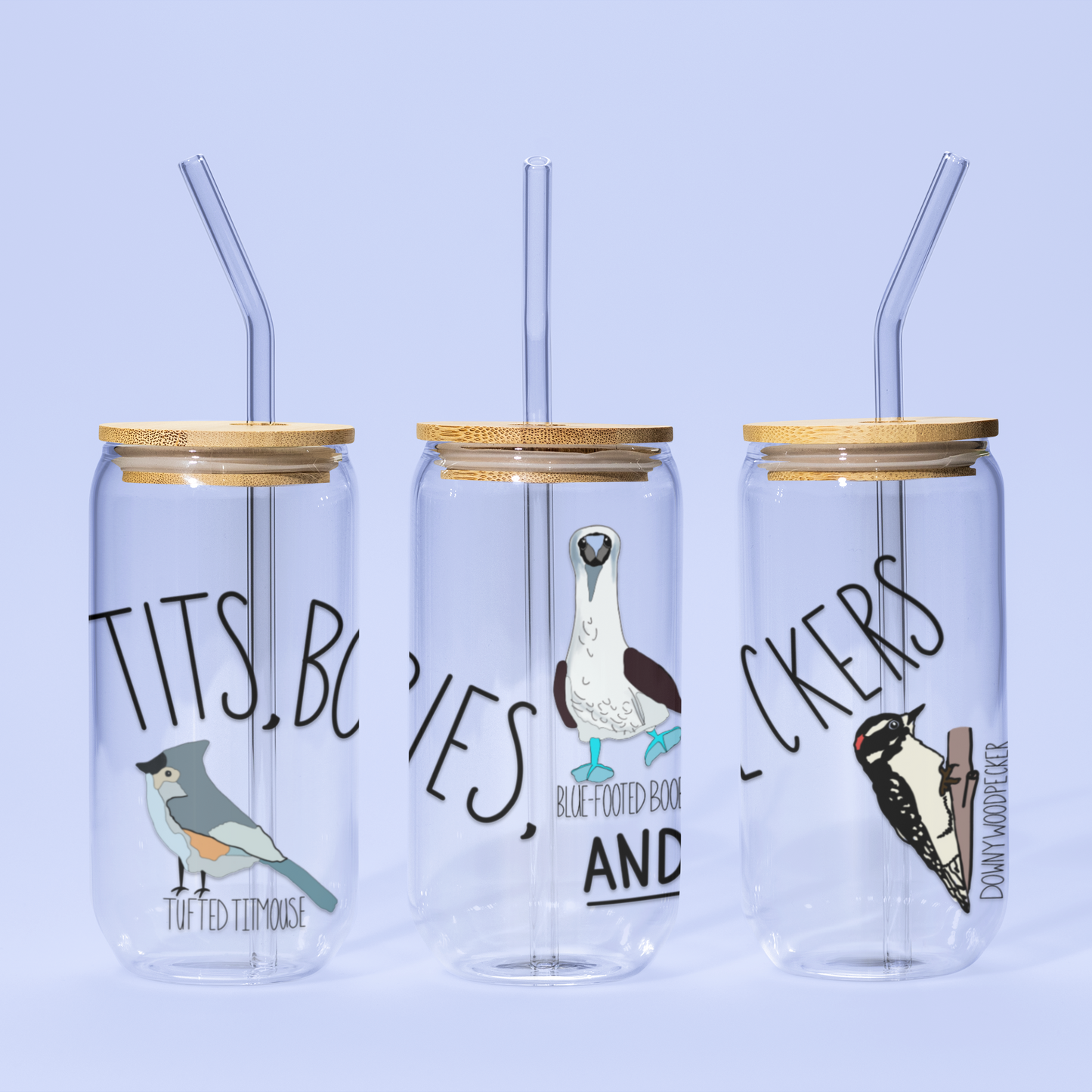 Tits, Boobies, and Peckers Glass Sipper, Bird Pun Design