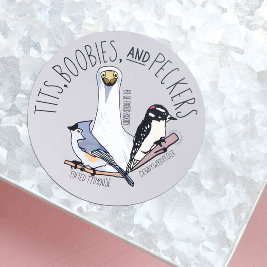 magnet showing a tufted titmouse, blue footed booby, and a downy woodpecker with the title tits, boobies, and peckers