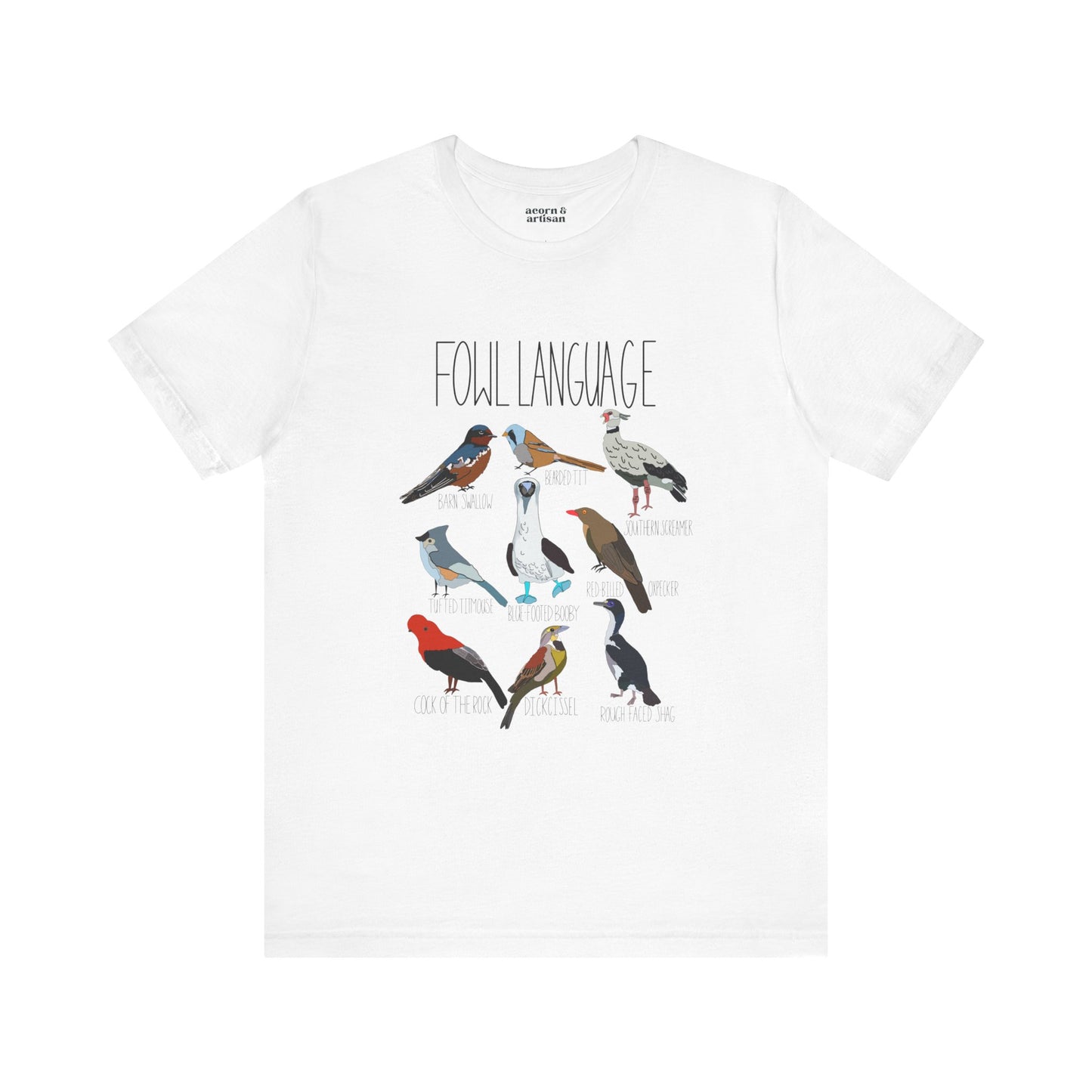 Front view of the 'Fowl Language' t-shirt featuring bold typography and colorful bird illustrations, displayed flat on a white background. Perfect for bird lovers with a sense of humor.